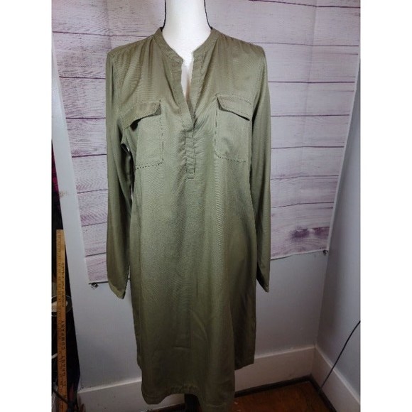 Nautica Khaki Green Mandarin Collar Shirt Dress with Orange Accent, Size M - Picture 2 of 10